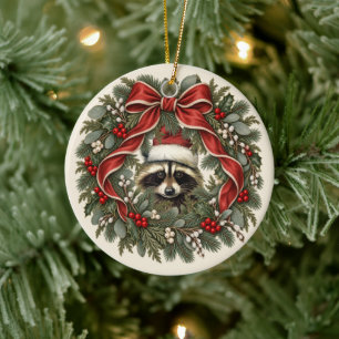 Vintage-Waschbären-Weihnachtskranz Keramik Ornament