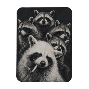 Vintage Waschbärenfamilie Schwarz und Weiß Magnet