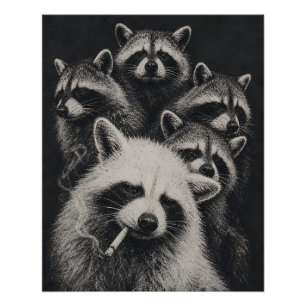 Vintage Waschbärenfamilie Schwarz und Weiß Poster