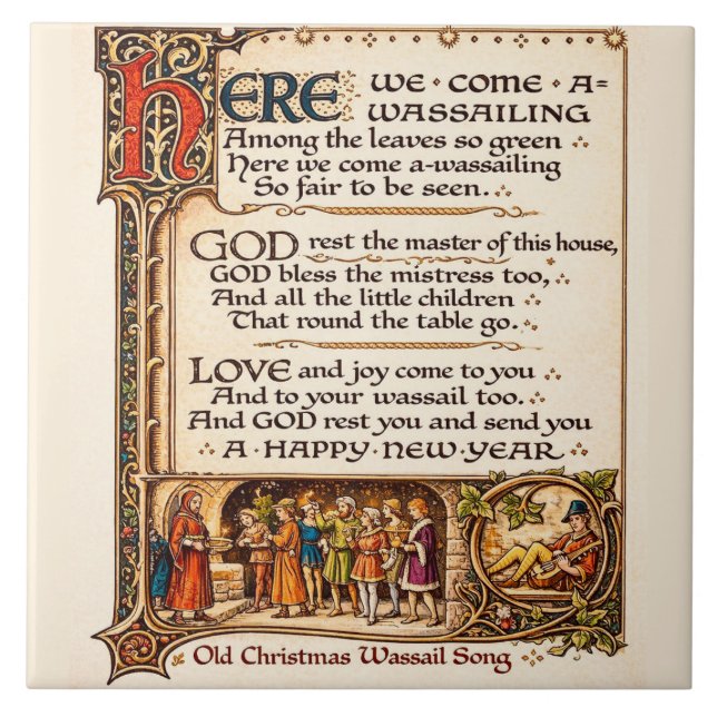 Vintage Wassail-Lied illuminierte Manuskriptkunst Fliese (Vorderseite)