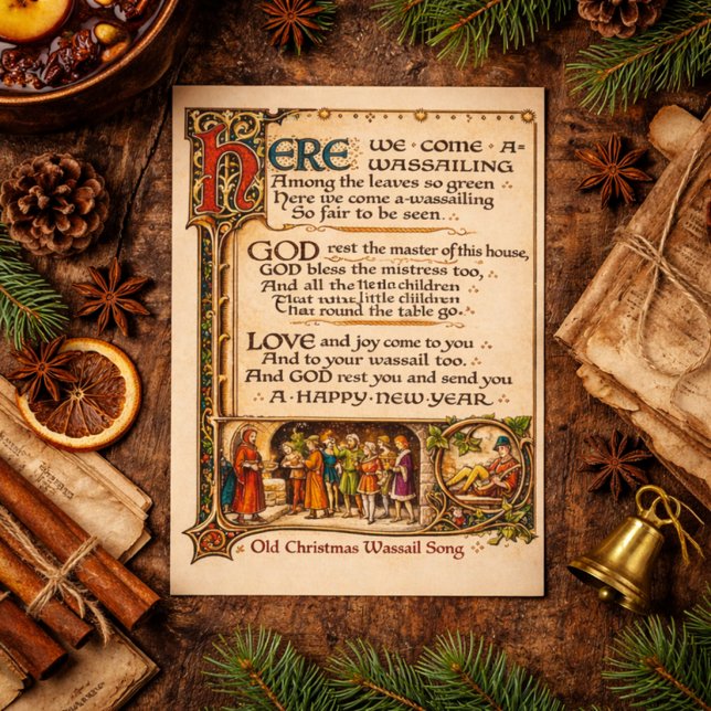Vintage Wassail-Lied illuminierte Manuskriptkunst Flyer (Von Creator hochgeladen)