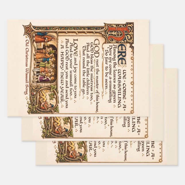 Vintage-Wassail-Lied illuminierte Manuskriptkunst Geschenkpapier Set (Set)