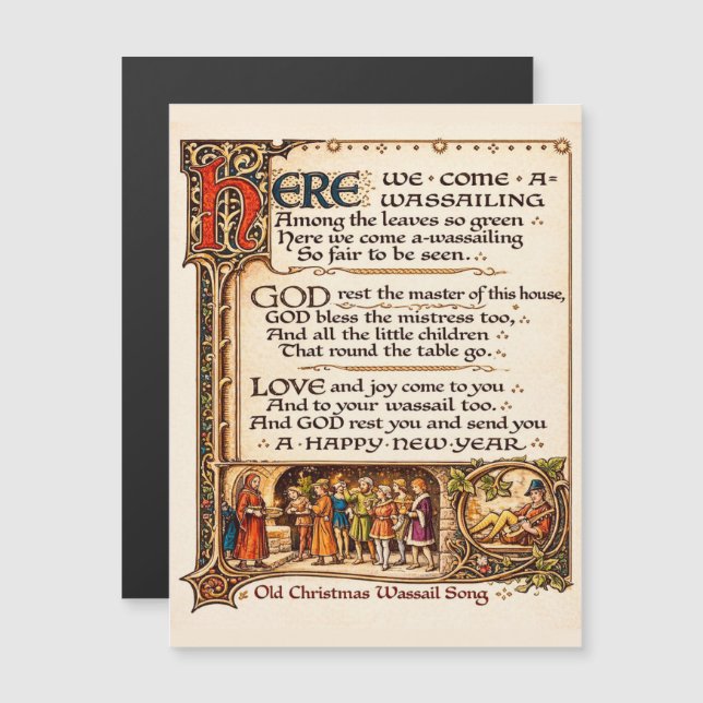 Vintage Wassail-Lied illuminierte Manuskriptkunst Magnetkarte (Vorne/Hinten)