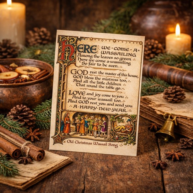 Vintage Wassail-Lied illuminierte Manuskriptkunst Postkarte (Von Creator hochgeladen)