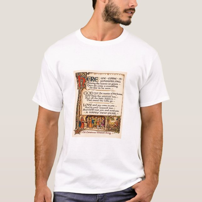 Vintage Wassail-Lied illuminierte Manuskriptkunst T-Shirt (Vorderseite)