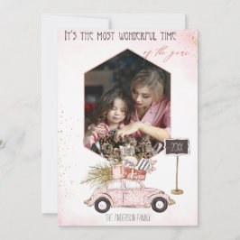 Vintage Wasserfarbe Auto mit Foto Frohe Weihnachte Feiertagskarte