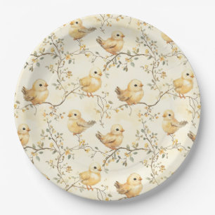 Vintage-Wasserfarbe-Babyküken und florale Frühling Pappteller
