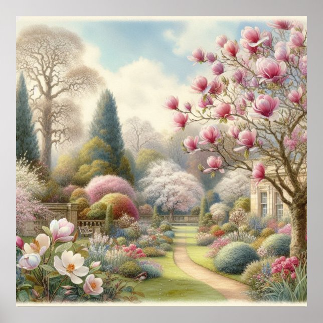 Vintage Wasserfarbe Blumengarten mit Magnolien Poster (Vorne)