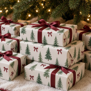 Vintage-Wasserfarbe-Christbaum-Bordeaux-Schleife Geschenkpapier