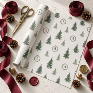 Vintage-Wasserfarbe-Christbaum-Monogramm-Kranz Geschenkpapier