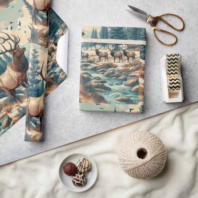 Vintage Wasserfarbe Elch Kunst Geschenkpapier (Kunsthandwerk)