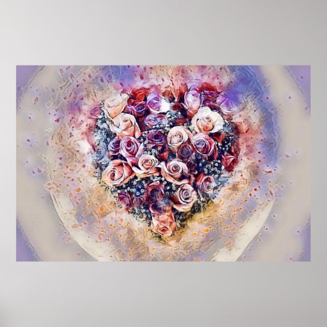 Vintage Wasserfarbe Farbige Rose Herz Poster (Vorne)