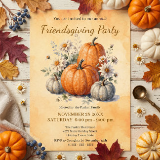Vintage-Wasserfarbe-Kürbis-Floral-Friendsgiving Einladung