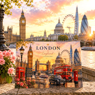 Vintage-Wasserfarbe London Sonnenuntergang Skyline Feiertagspostkarte