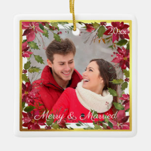 Vintage-Wasserfarbe-Poinsettie FROH VERHEIRATET Keramikornament