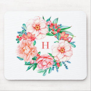 Vintage-Wasserfarbe-Rosa-Floral-Kranz-Monogramm Mousepad
