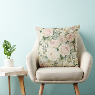 Vintage-Wasserfarbe-Rosa-Rose-&-Lilien-Blumen-T Kissen