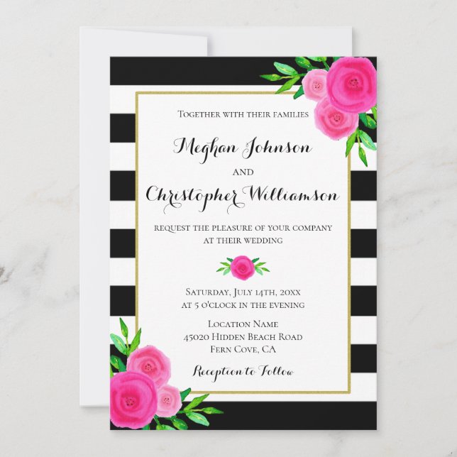 Vintage Wasserfarbe Rosa Streifen Hochzeit Einladung (Vorderseite)