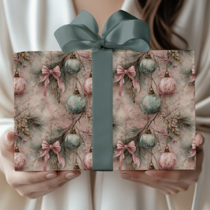 Vintage-Wasserfarbe Rosa und Grünes Christbaumkuge Geschenkpapier