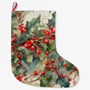 Vintage Wasserfarbe Stechpalmenbeeren Blätter Großer Weihnachtsstrumpf