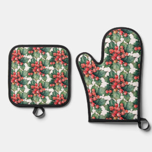 Vintage-Wasserfarbe Stechpalmenbeeren Blätter Ofenhandschuh & Topflappen-Set