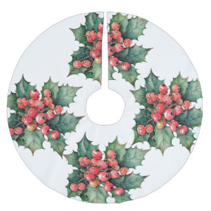 Vintage Wasserfarbe Stechpalmenbeeren Blätter Polyester Weihnachtsbaumdecke