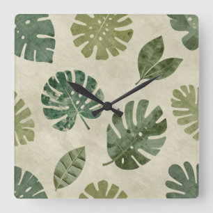 Vintage-Wasserfarbe-Tropisches-Monstera-Blattwerk- Quadratische Wanduhr