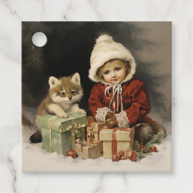 Vintage Wasserfarbe Wildlife Kinderweihnachtsgesch Geschenkanhänger (Vorderseite)