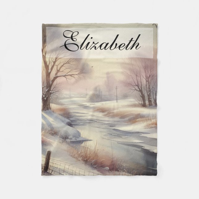 Vintage Wasserfarbe Winterlandschaft Fleecedecke (Vorderseite)