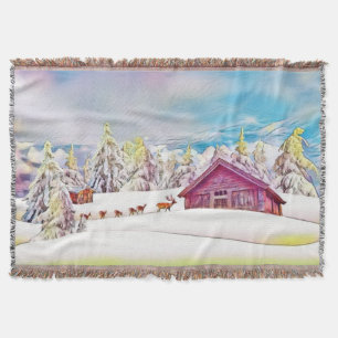 Vintage Wasserfarbe Winterlandschaft mit Rentier Decke