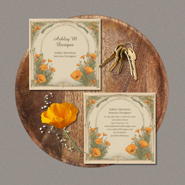 Vintage Wasserfarben Blumenfreund Jugendstil Quadratische Visitenkarte (Vintage Watercolor Floral Art Nouveau Poppies Square Business Card for interior designers.)