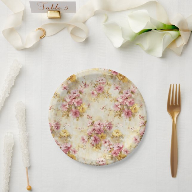 Vintage-Wasserfarben-Blumenmuster Pappteller (Hochzeit)