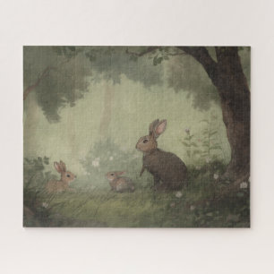Vintage Wasserfarben-Hasenfamilie im Wald Puzzle