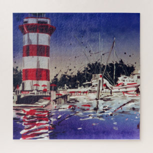 Vintage-Wasserfarben-Leuchtturmboote Hilton Head Puzzle