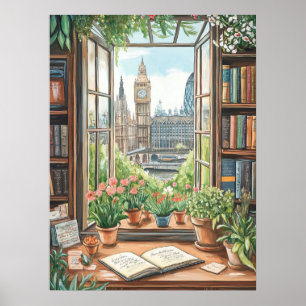 Vintage-Wasserfarben-London-Fensterszene Poster