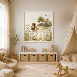 Vintage Wasserfarben Mädchen und Hase | Cottagecor Poster