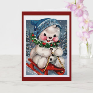 Vintage Wasserfarben Schneemann Schlitten Weihnach Karte