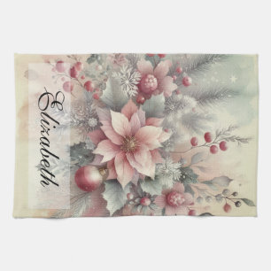 Vintage Wasserfarben Weihnachtsblumen und Ornament Geschirrtuch
