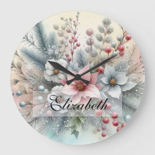 Vintage Wasserfarben Weihnachtsblumen und Ornament Große Wanduhr