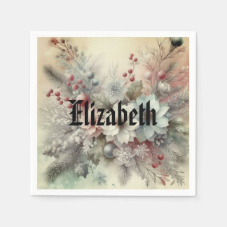 Vintage Wasserfarben Weihnachtsblumen und Ornament Serviette