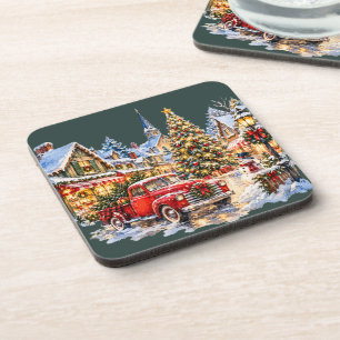 Vintage-Wasserfarben-Weihnachtsdorf Getränkeuntersetzer