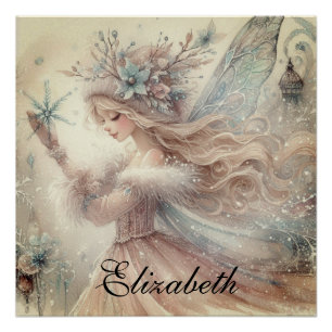 Vintage-Wasserfarben-Winter-Schnee-Fee-Fantasie-Ku Poster
