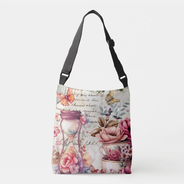 Vintage Wasserfarbenkollage Tragetaschen Mit Langen Trägern (Vorderseite)