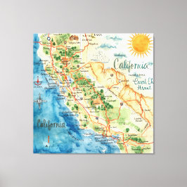 Vintage Watercolor California Travel Map Art Leinwanddruck