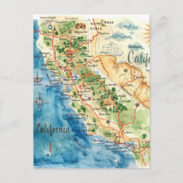 Vintage Watercolor California Travel Map Art Postkarte