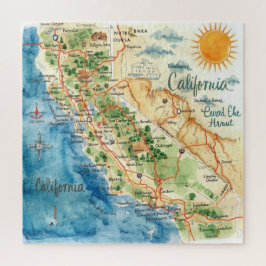 Vintage Watercolor California Travel Map Art Puzzle