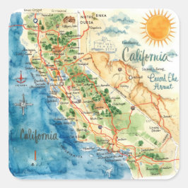 Vintage Watercolor California Travel Map Art Quadratischer Aufkleber