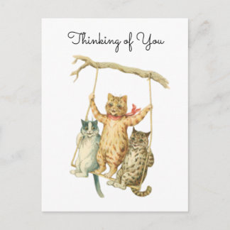 Vintage Watercolor Cats on Swing Thinking of You Postkarte