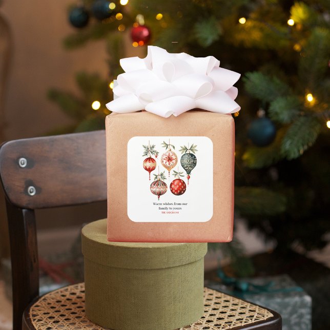 Vintage Watercolor Christmas Ornaments Quadratischer Aufkleber (Von Creator hochgeladen)