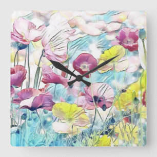 Vintage Watercolor Field of Poppy Flowers Quadratische Wanduhr